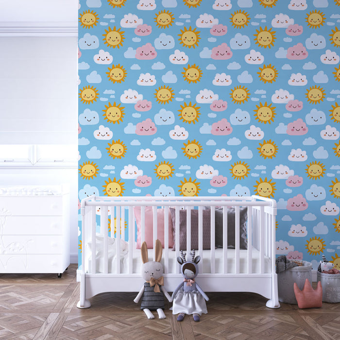 Kinderkamer behang met patronen | Zonnige lucht met lachende wolken