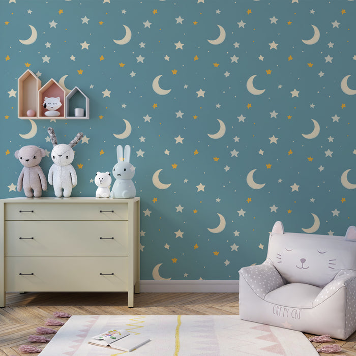 Papier peint chambre enfant à motifs | Ciel étoilé lunes et étoiles dorées