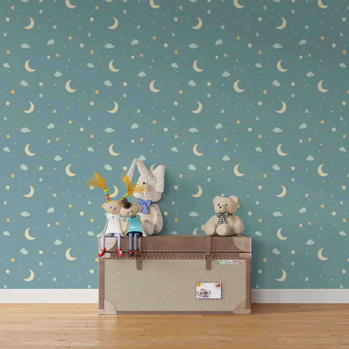 Papier peint chambre enfant à motifs | Ciel étoilé avec lunes et nuages