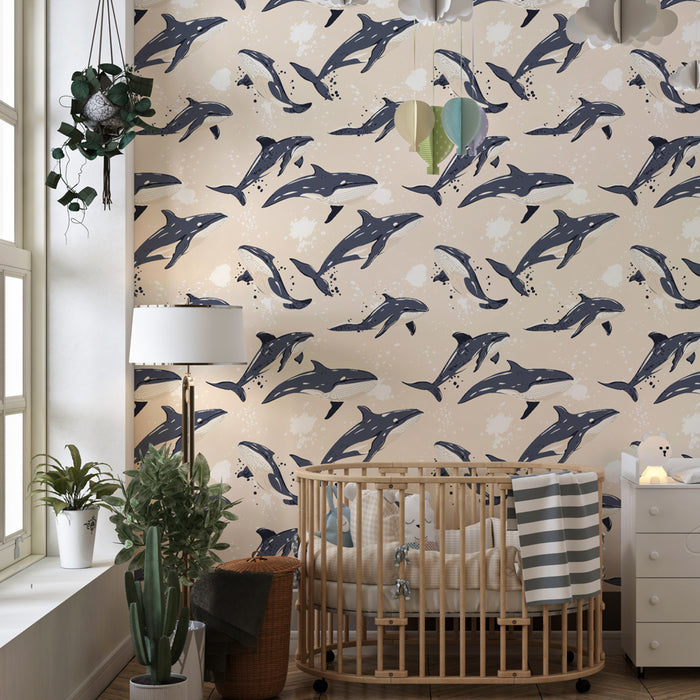 Kids room wallpaper with patterns | Playing dolphins on a sandy background