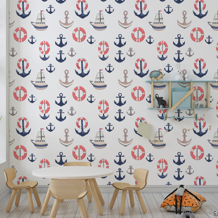 Papel de parede criança com padrões | Decoração marítima com barcos e âncoras