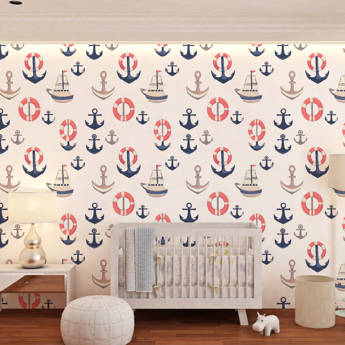 Papel de parede criança com padrões | Decoração marítima com barcos e âncoras