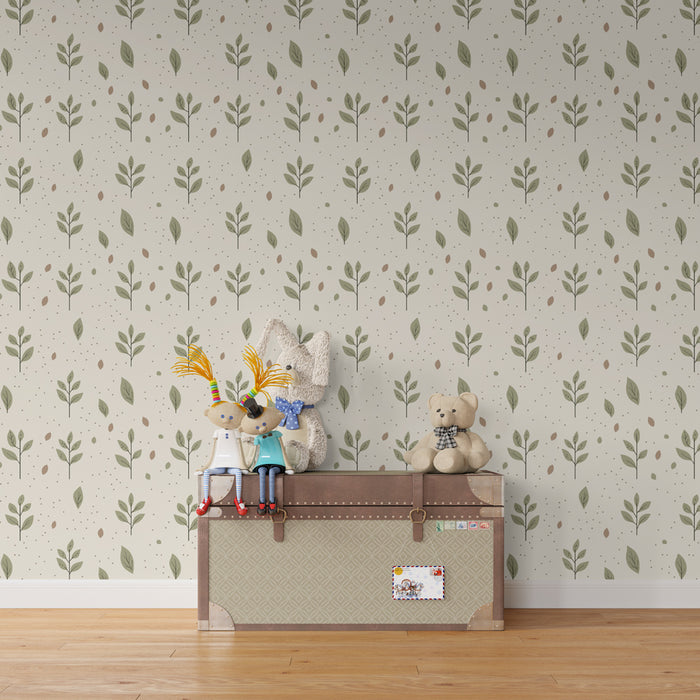 Kids room wallpaper with patterns | Delicate green leaves on a cream background