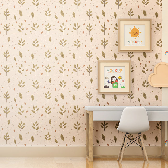 Kids room wallpaper with patterns | Delicate green leaves on a cream background