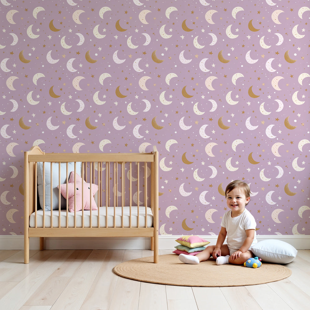 Kinderkamer behang met patronen | Manen en sterren op een roze achterg —  Kids Wall, image size:1000x1000