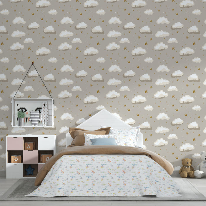 Kids room wallpaper with patterns | Soft clouds and golden stars on a beige background