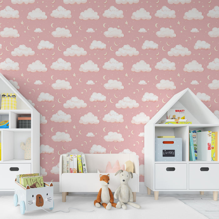 Kinderkamer behang met patronen | Zachte wolken en sterren op een roze achtergrond