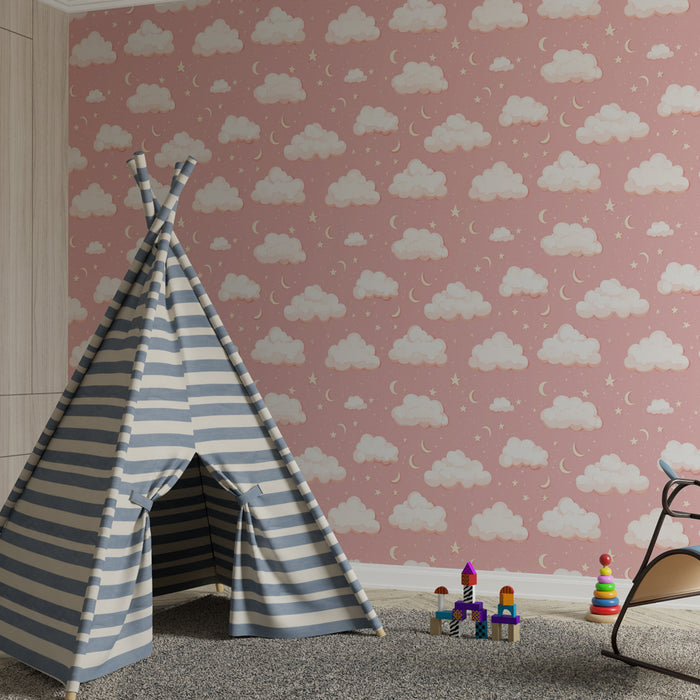 Kinderkamer behang met patronen | Zachte wolken en sterren op een roze achtergrond