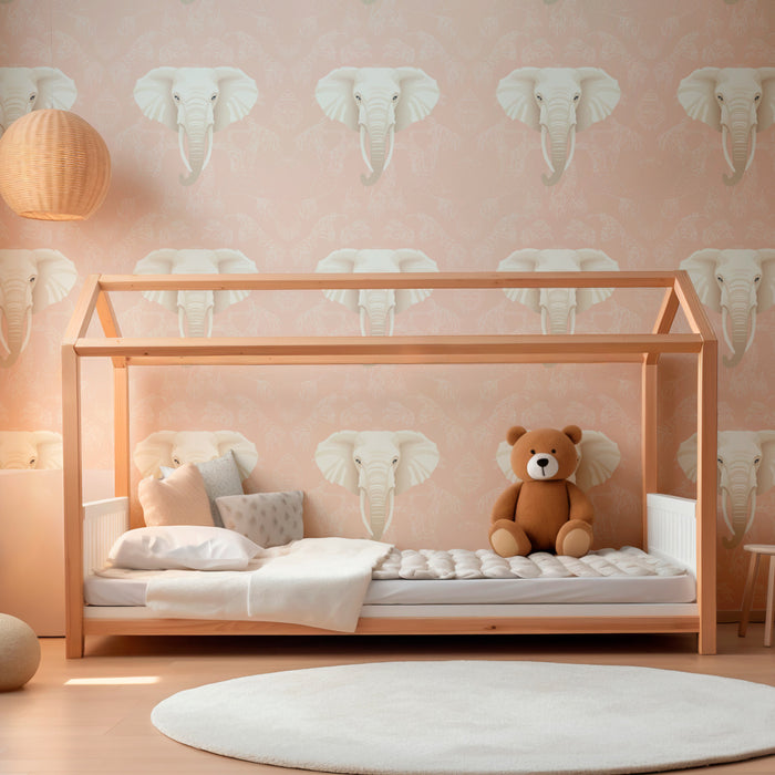 Tapet pentru cameră de copii cu modele | Capete de elefant elegante pe fundal roz deschis