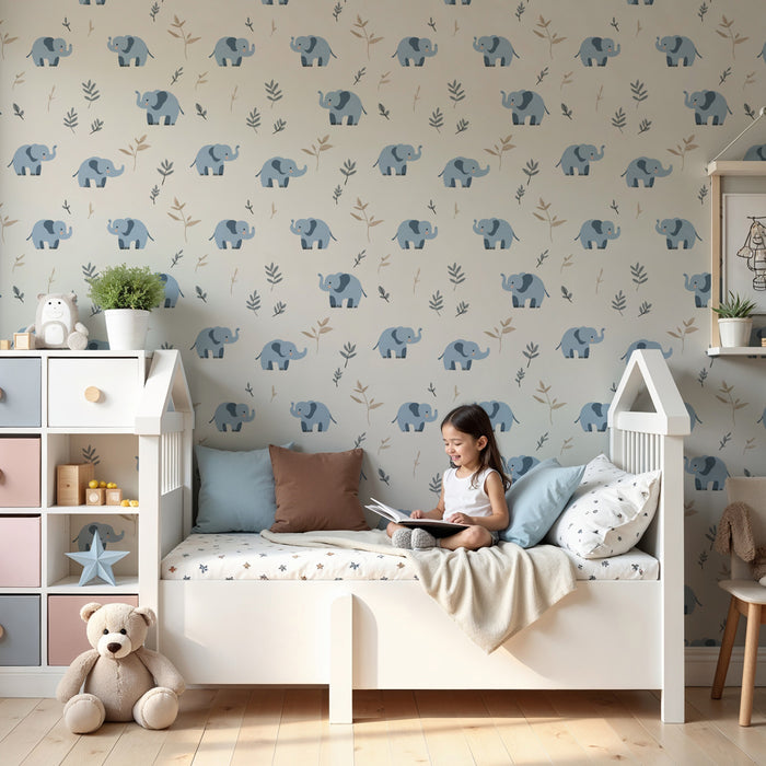 Carta da parati bambini a motivi | Eleganti elefanti blu su sfondo naturale