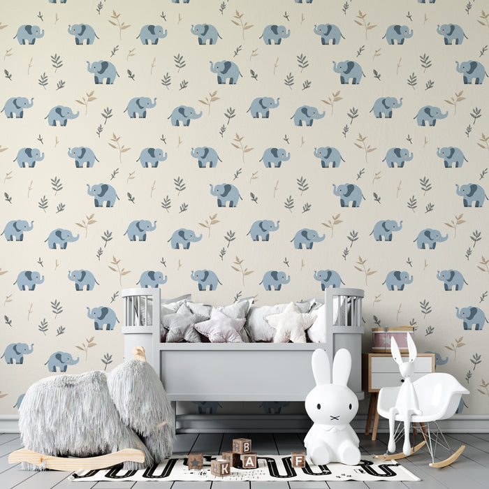 Carta da parati bambini a motivi | Eleganti elefanti blu su sfondo naturale