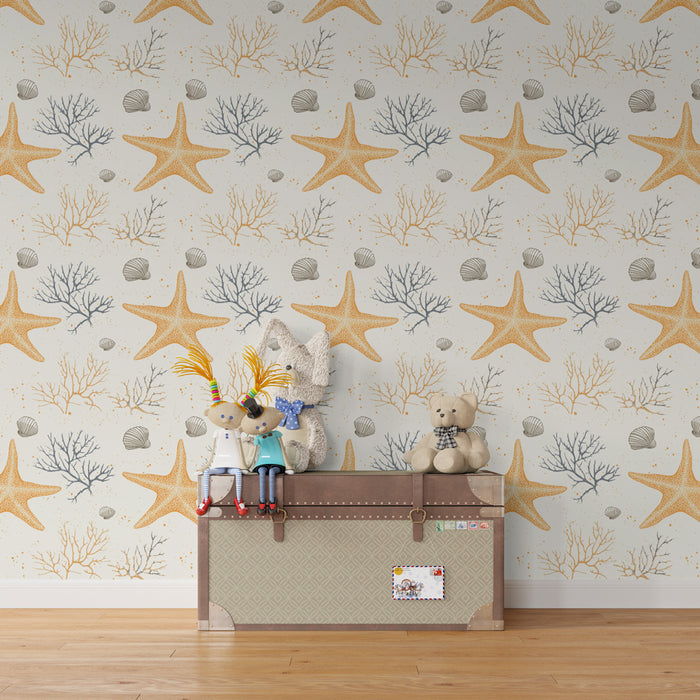 Kinderkamer behang met patronen | Zeesterren en koraal in aquarel