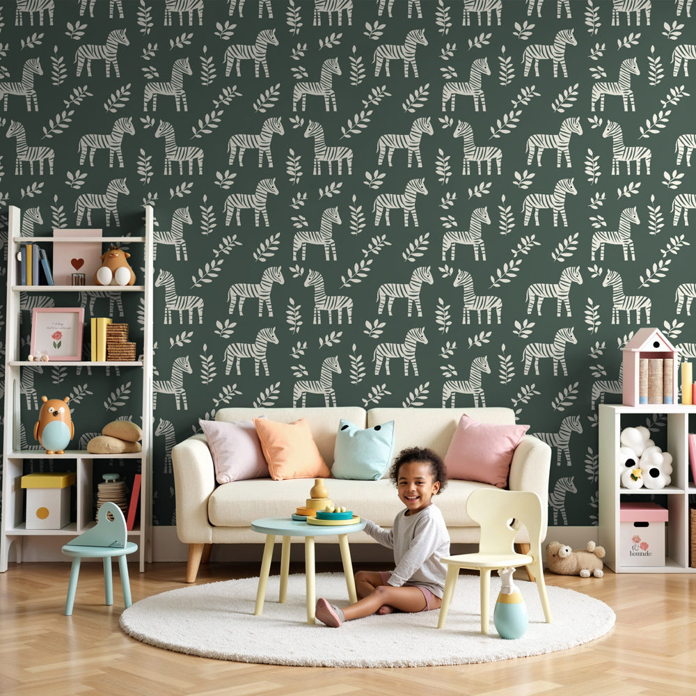 Carta da parati bambini a motivi | Stupendo motivo di zebre con foglia —  Kids Wall, image size:1000x1000