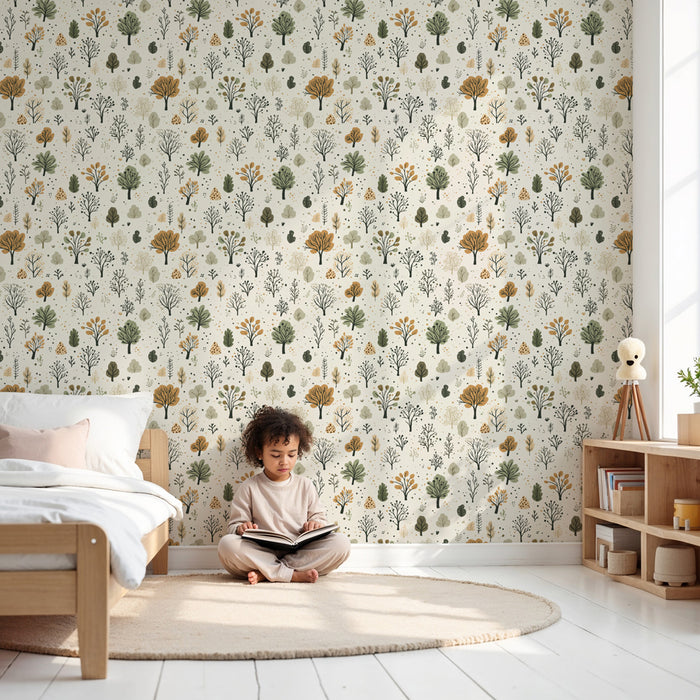 Kinderkamer behang met patronen | Betoverend bos met bomen en natuurlijke elementen