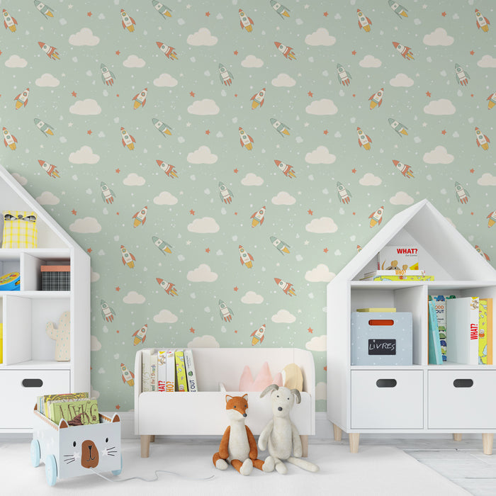 Papier peint chambre enfant à motifs | Fusées colorées dans un ciel étoilé