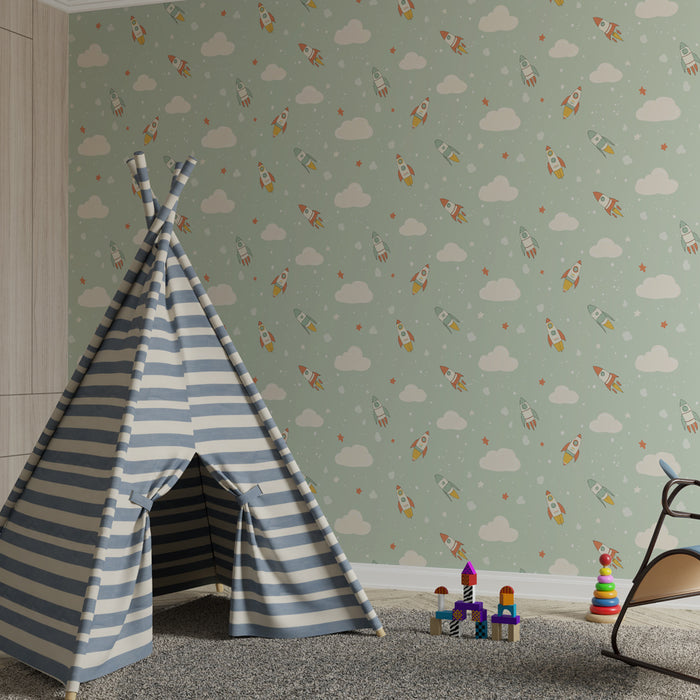 Papier peint chambre enfant à motifs | Fusées colorées dans un ciel étoilé