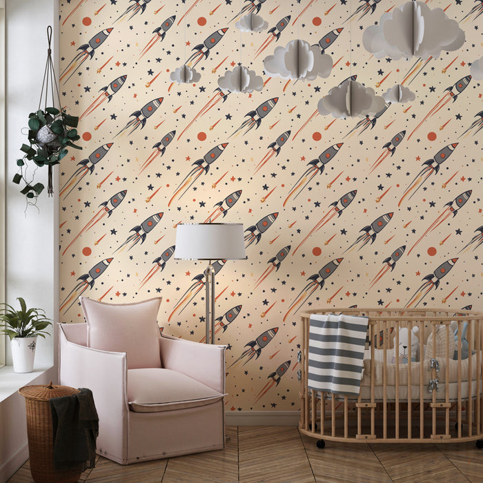 Papier peint chambre enfant à motifs | Fusées et étoiles sur fond beige