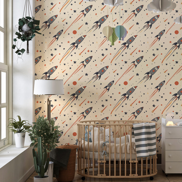 Papier peint chambre enfant à motifs | Fusées et étoiles sur fond beige