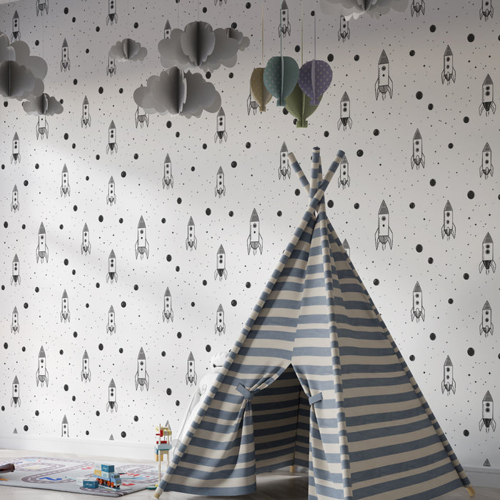Kids room wallpaper with patterns | Rockets and planets in monochrome patterns