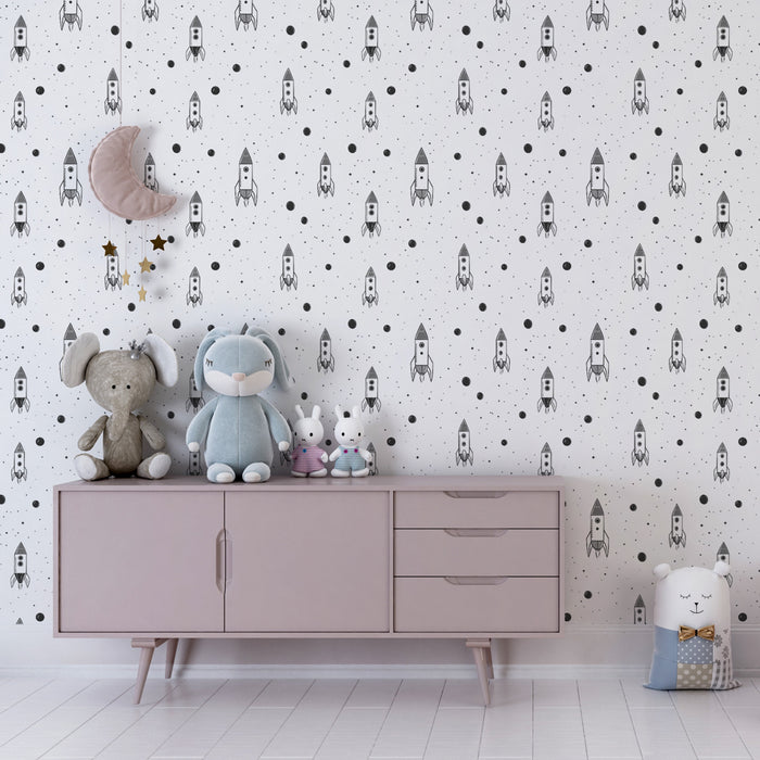 Kids room wallpaper with patterns | Rockets and planets in monochrome patterns