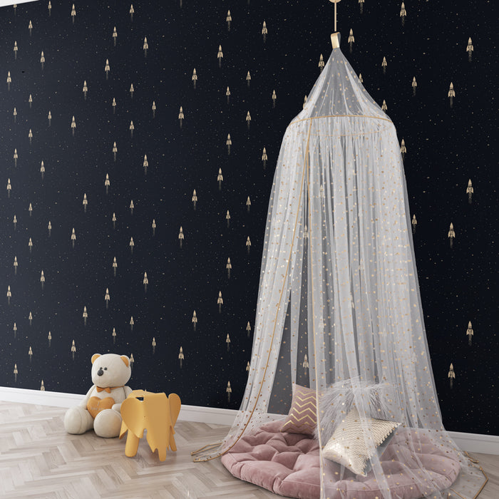 Kids room wallpaper with patterns | Space rockets in a starry sky