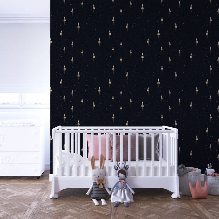 Kids room wallpaper with patterns | Space rockets in a starry sky