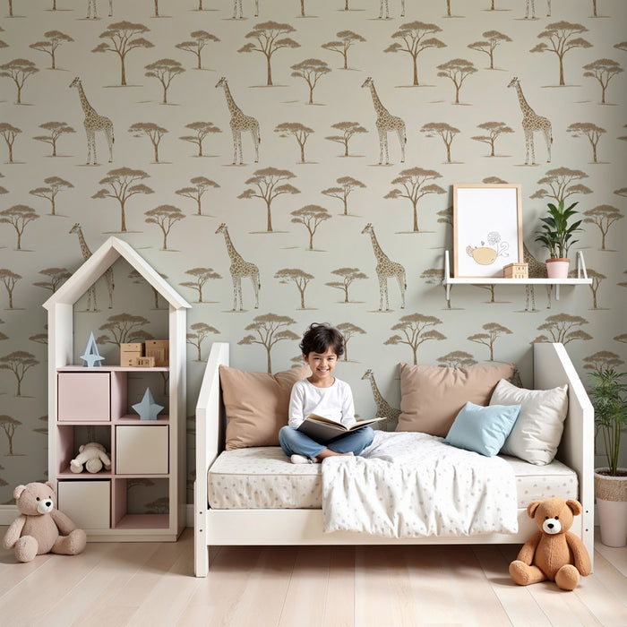 Tapet pentru cameră de copii cu modele | Girafe elegante în mijlocul acaciilor