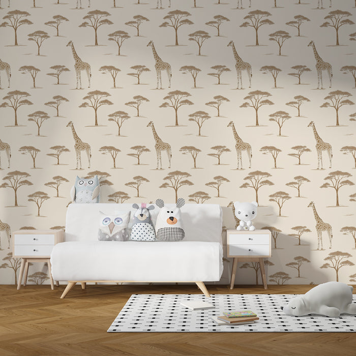 Tapet pentru cameră de copii cu modele | Girafe elegante în mijlocul acaciilor