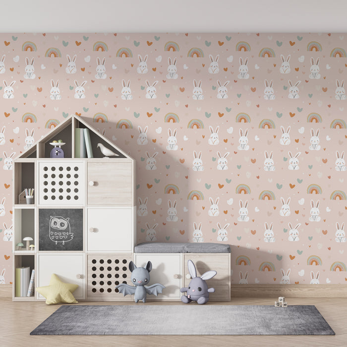 Kinderkamer behang met patronen | Schattige konijntjes en kleurrijke regenbogen