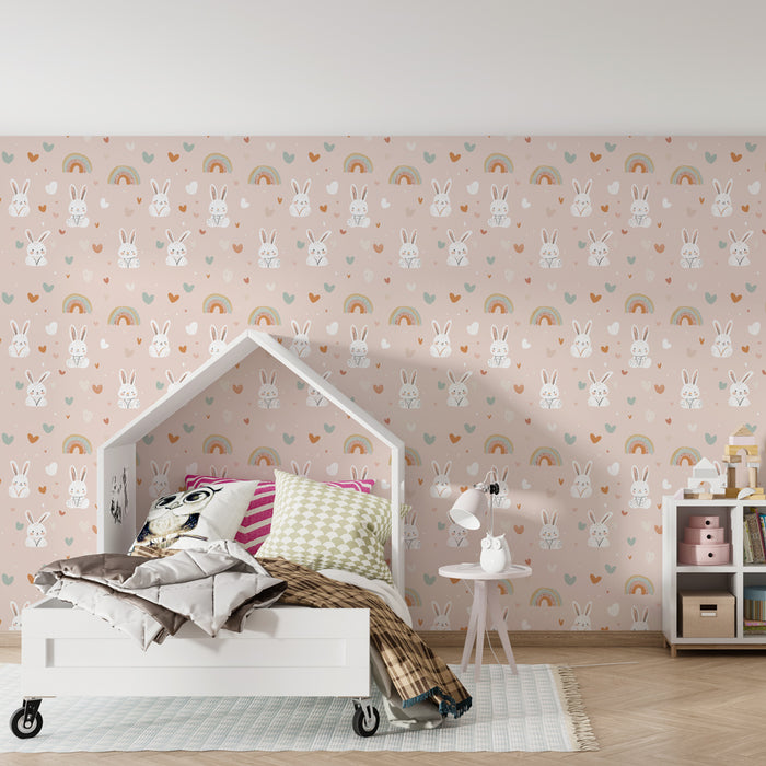 Kinderkamer behang met patronen | Schattige konijntjes en kleurrijke regenbogen