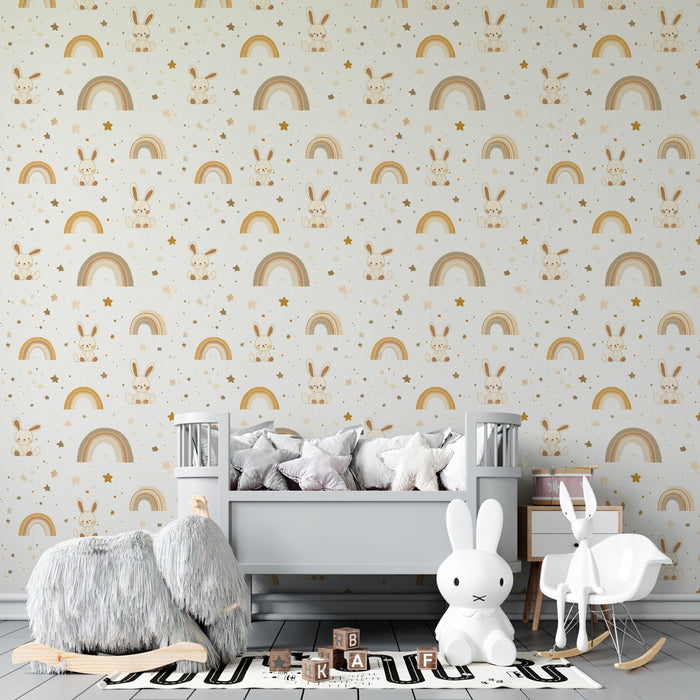 Kids room wallpaper with patterns | Cute rabbits and golden rainbows