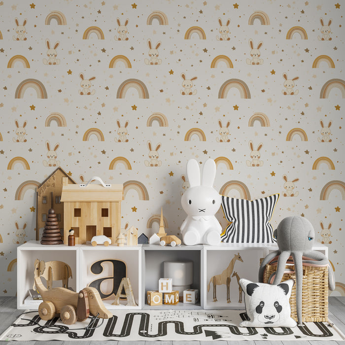 Kids room wallpaper with patterns | Cute rabbits and golden rainbows