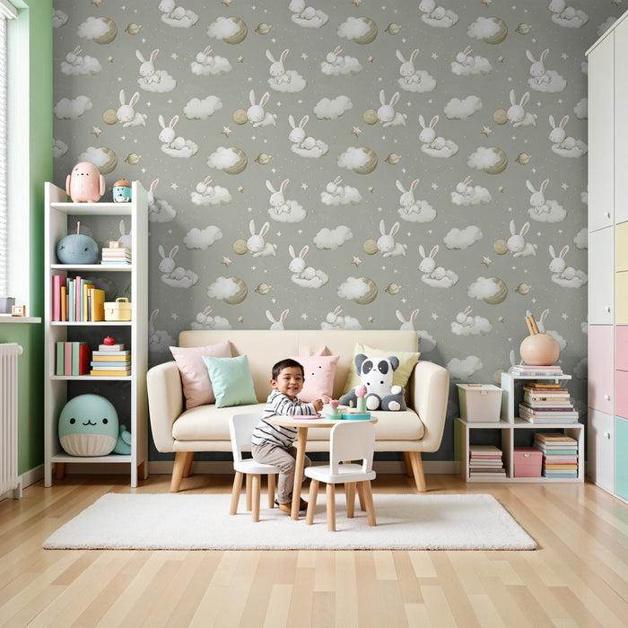Kinderkamer behang met motieven | Dromende konijnen in een sterrenhemel