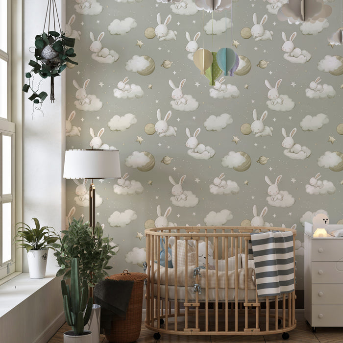 Kinderkamer behang met motieven | Dromende konijnen in een sterrenhemel