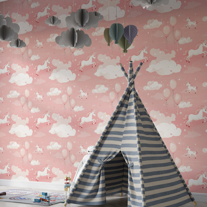 Kinderkamer behang met patronen | Eenhoorns in een zachte roze lucht
