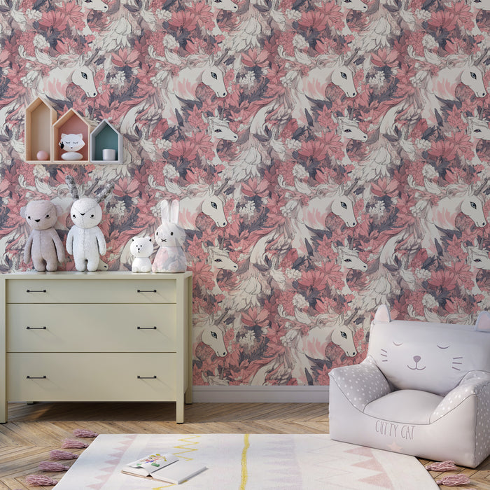 Papel pintado infantil con motivos | Unicornios y flores suaves