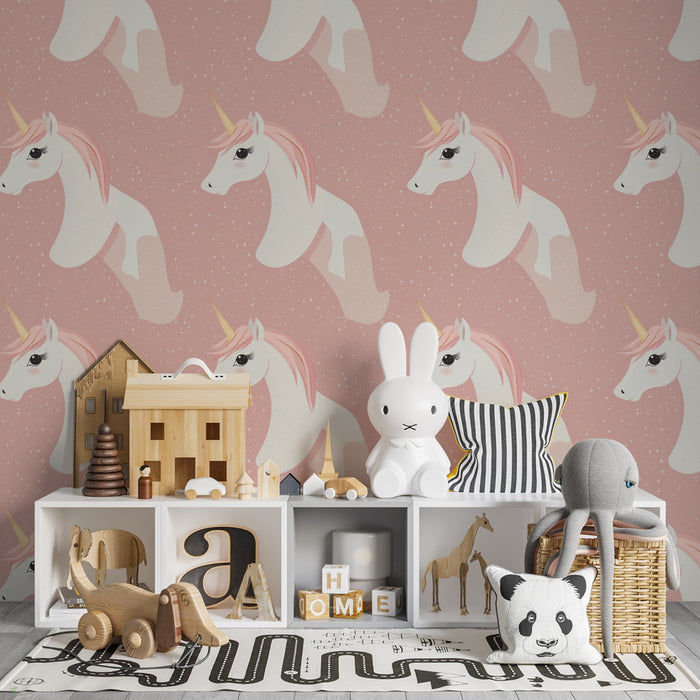 Papel pintado infantil con motivos | Unicornios en fondo rosa suave
