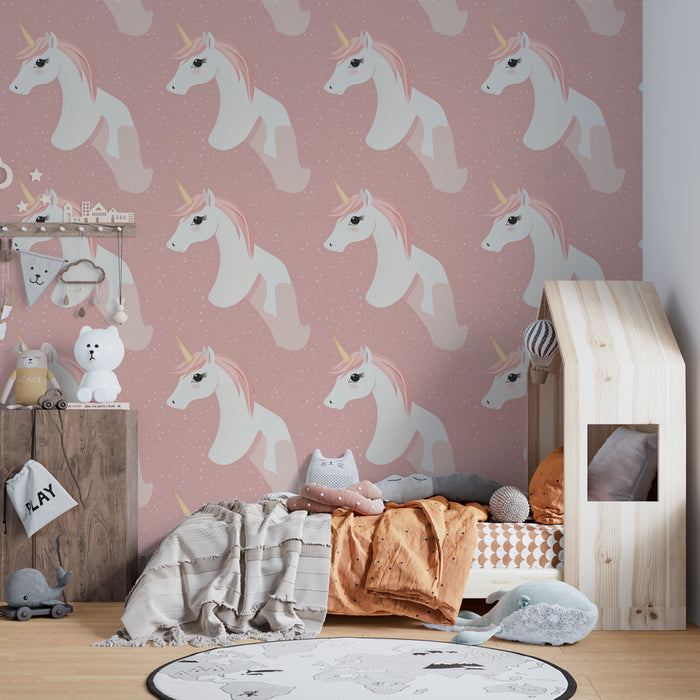 Papel pintado infantil con motivos | Unicornios en fondo rosa suave