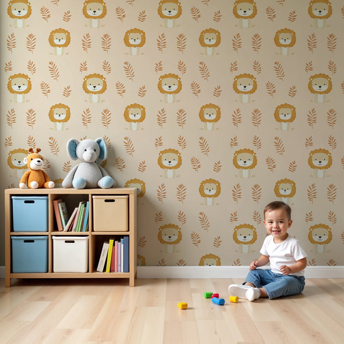 Tapet pentru cameră de copii cu modele | Lei adorabili pe fundal moale