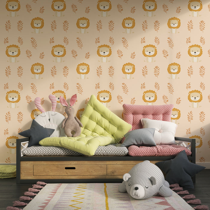Tapet pentru cameră de copii cu modele | Lei adorabili pe fundal moale
