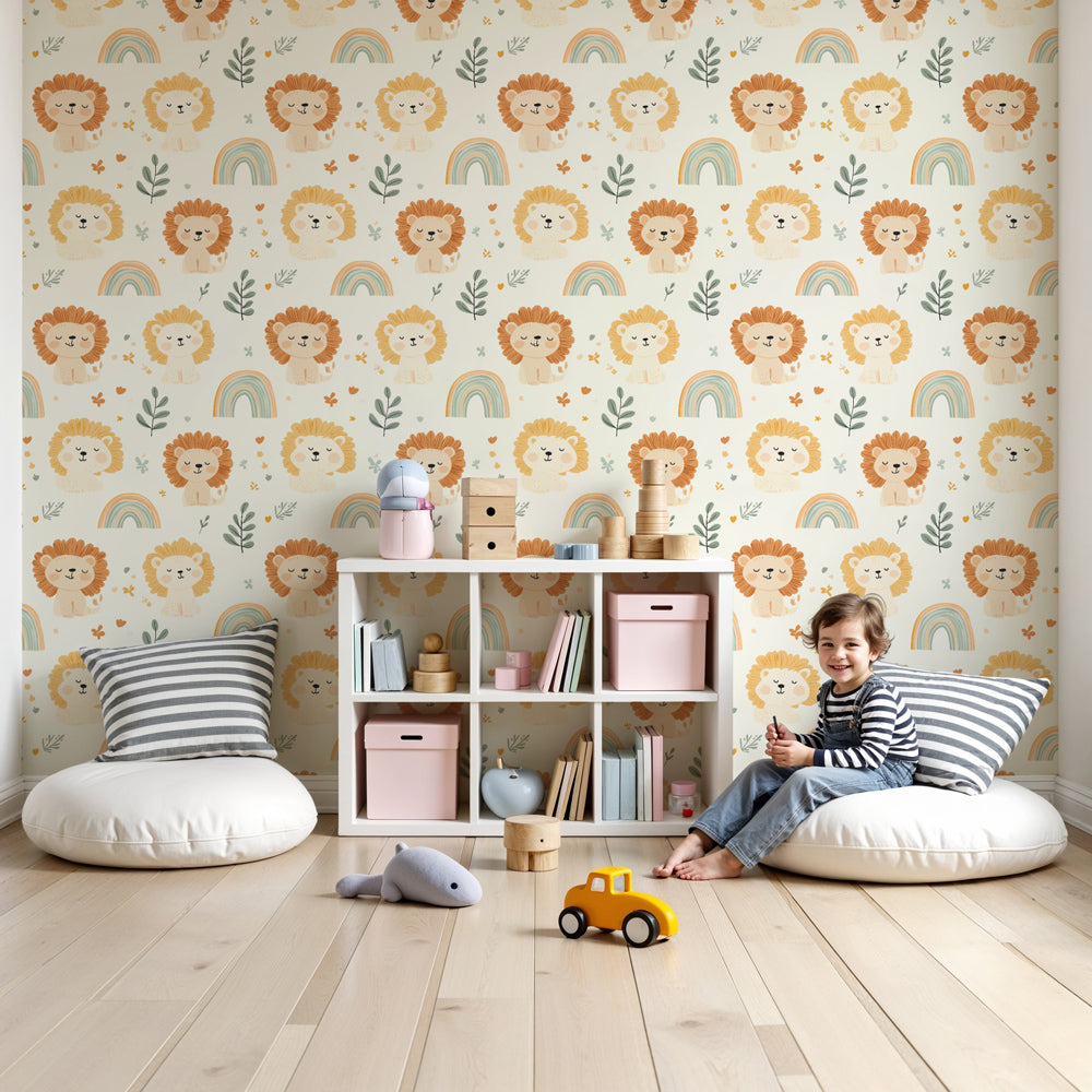 Papel de parede criança com padrões | Leões fofos e arco-íris coloridoI18n  Error: Missing interpolation value \, image size:1000x1000