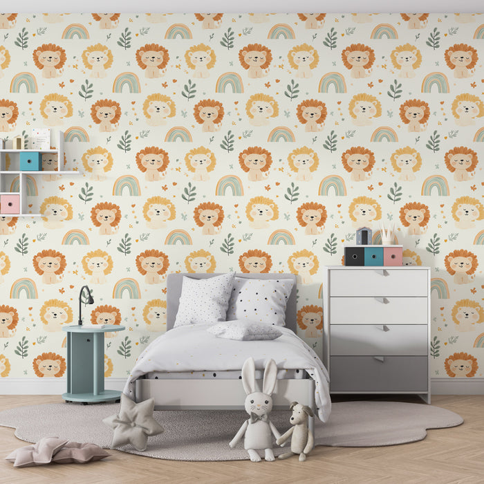 Kids room wallpaper with patterns | Cute lions and colorful rainbow