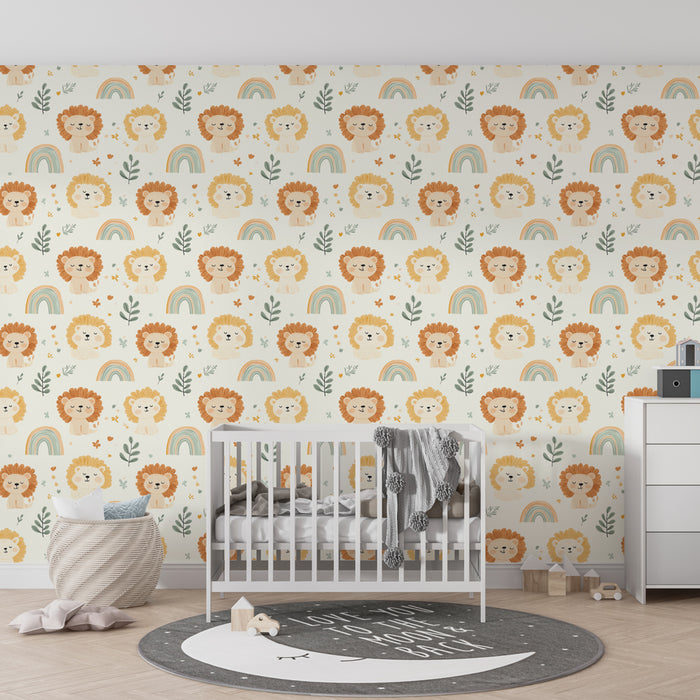 Kids room wallpaper with patterns | Cute lions and colorful rainbow