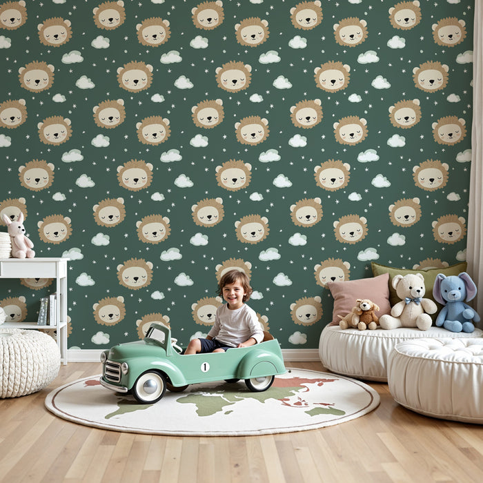 Kinderkamer behang met motieven | Vrolijke leeuwen op een groene achtergrond