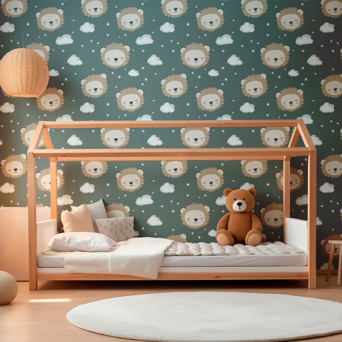 Kinderkamer behang met motieven | Vrolijke leeuwen op een groene achtergrond