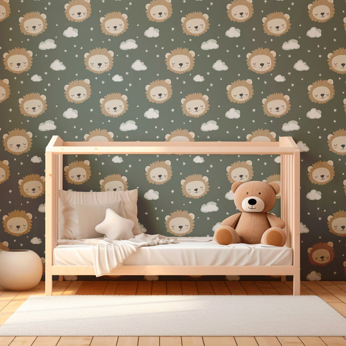 Kinderkamer behang met motieven | Vrolijke leeuwen op een groene achtergrond