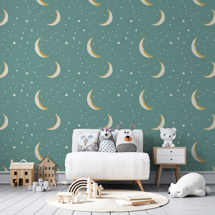 Kids room wallpaper with patterns | Golden moon and stars on a turquoise background