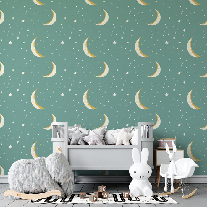 Kids room wallpaper with patterns | Golden moon and stars on a turquoise background