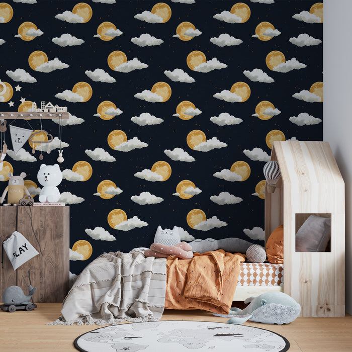 Kids room wallpaper with patterns | Golden moon and fluffy clouds