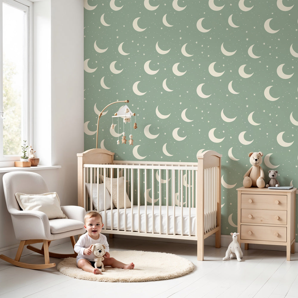 Kinderkamer behang met motieven | Maan en sterren op een lichtgroene a —  Kids Wall, image size:1000x1000